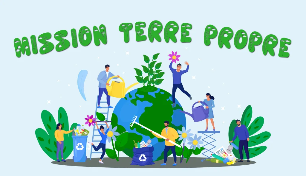 Mission Terre Propre - illustration des personnes qui nettoient la terre.