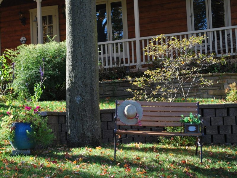 Un banc près d'une maison en automne